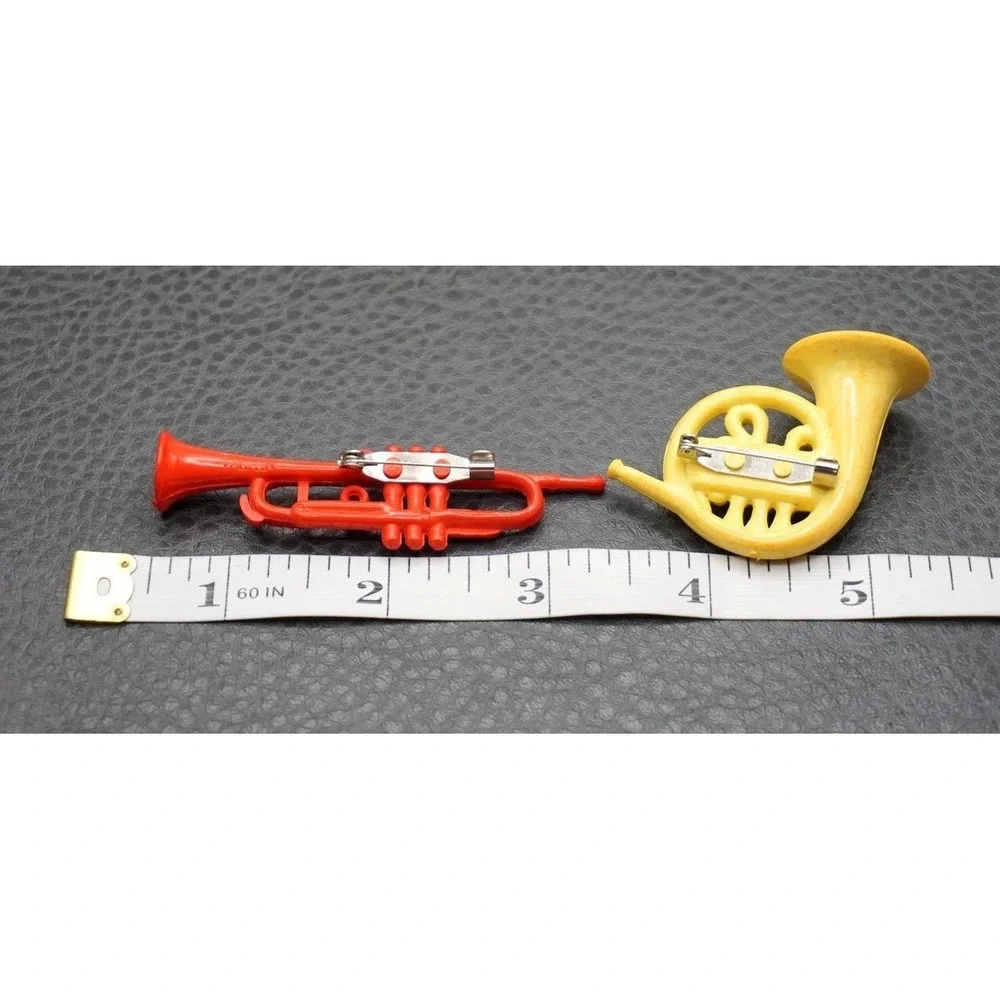VTG Trumpet & French Horn Music Instrument Red Yellow Plastic Brooch Pin Set